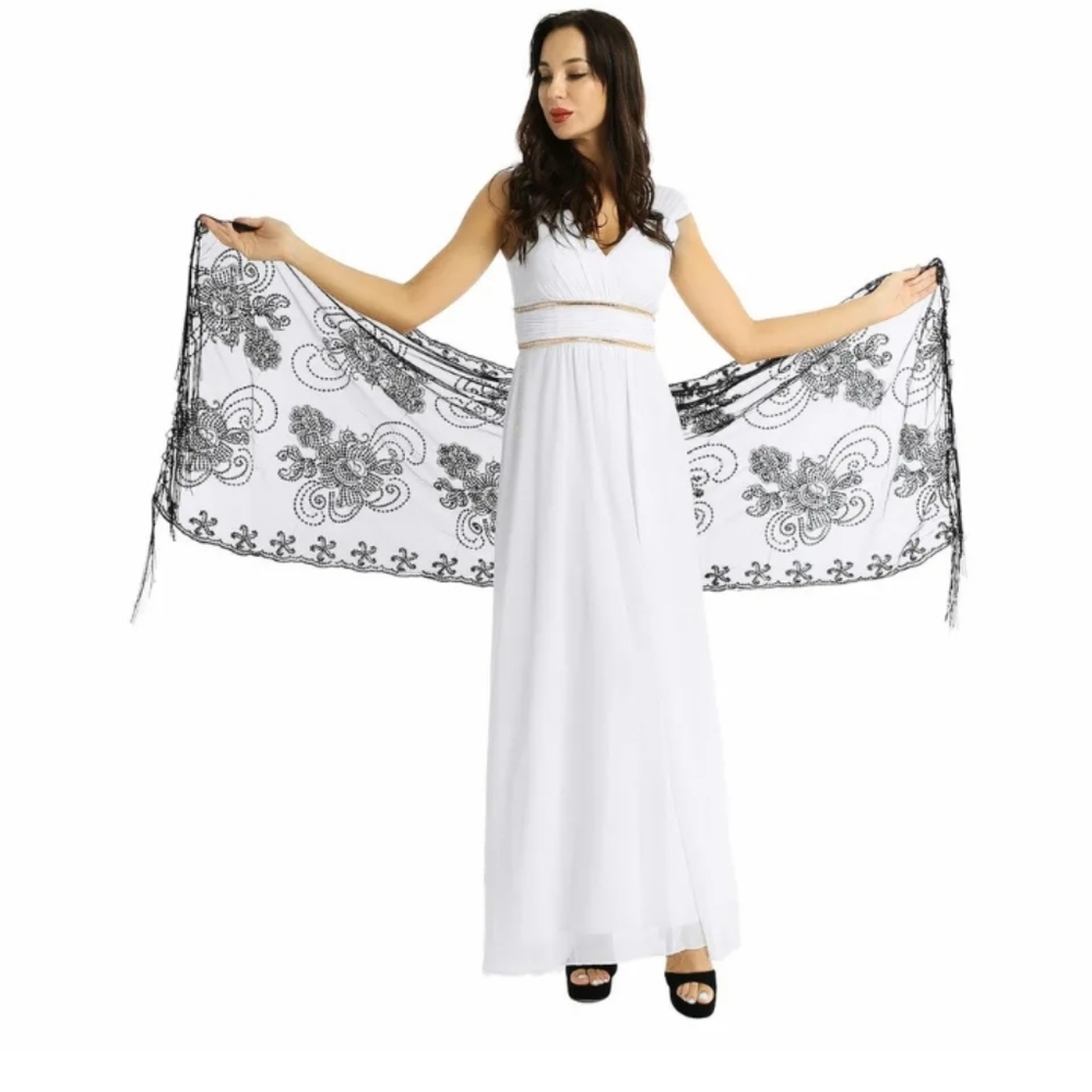 TiaoBug Women's 1920s Scarf Mesh Sequin Wedding Cape Fringed Evening Shawl Wrap - Picture 2 of 6